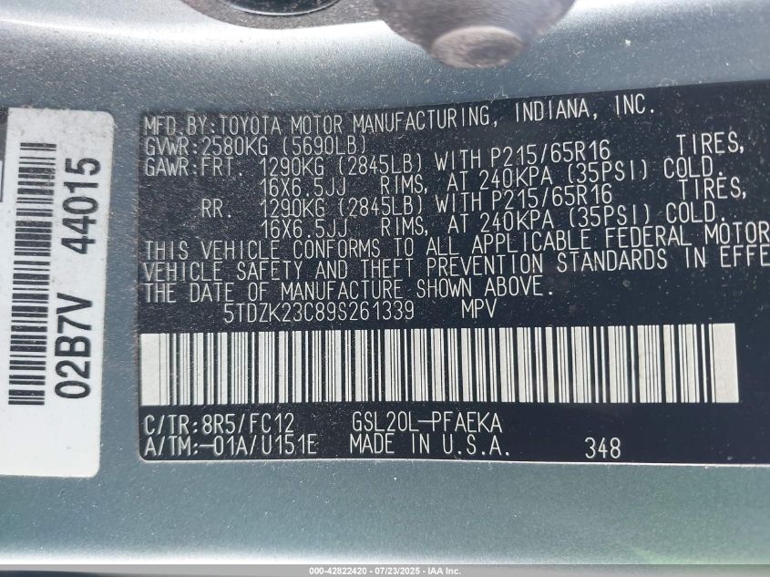 2009 Toyota Sienna Le VIN: 5TDZK23C89S261339 Lot: 42822420