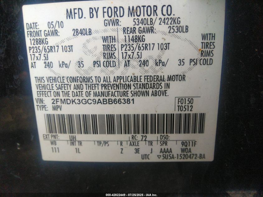 2010 Ford Edge Se VIN: 2FMDK3GC9ABB66381 Lot: 42822449