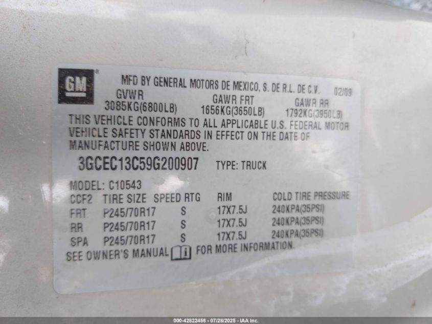 2009 Chevrolet Silverado 1500 Work Truck VIN: 3GCEC13C59G200907 Lot: 42822456