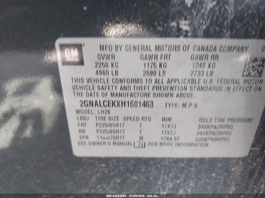 2017 Chevrolet Equinox Lt VIN: 2GNALCEKXH1601463 Lot: 42822505