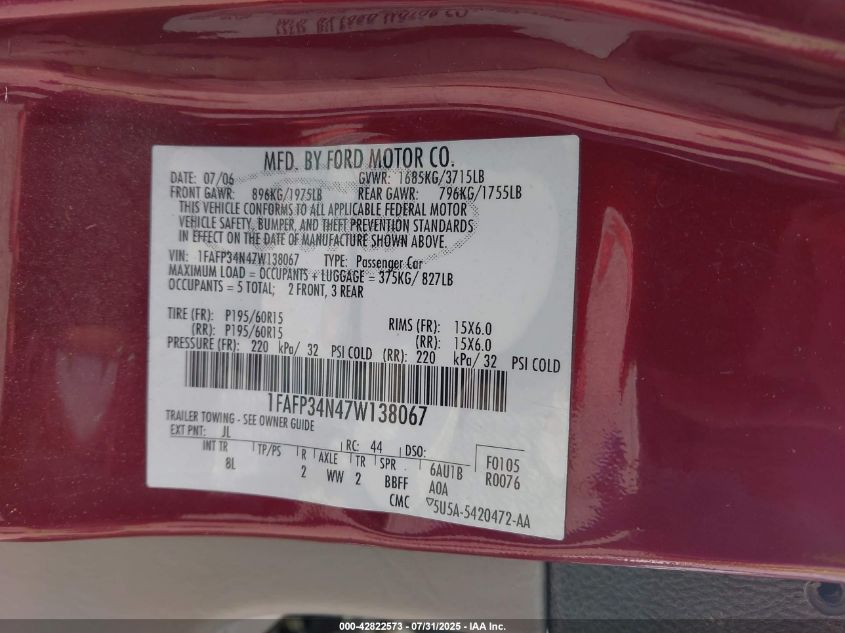 2007 Ford Focus Zx4/S/Se/Ses VIN: 1FAFP34N47W138067 Lot: 42822573