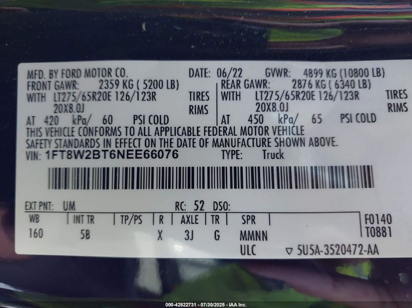 2022 Ford F-250 Lariat VIN: 1FT8W2BT6NEE66076 Lot: 42822731
