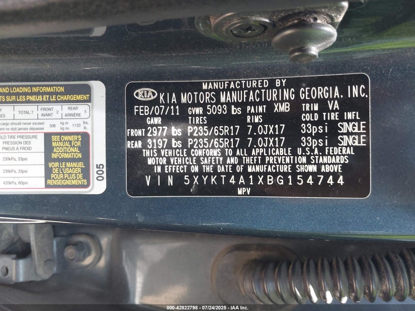 2011 Kia Sorento Lx VIN: 5XYKT4A1XBG154744 Lot: 42822798