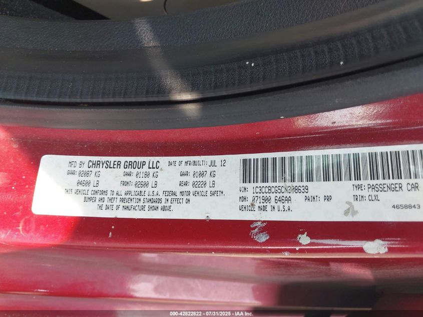 2012 Chrysler 200 Limited VIN: 1C3CCBCG5CN308639 Lot: 42822822