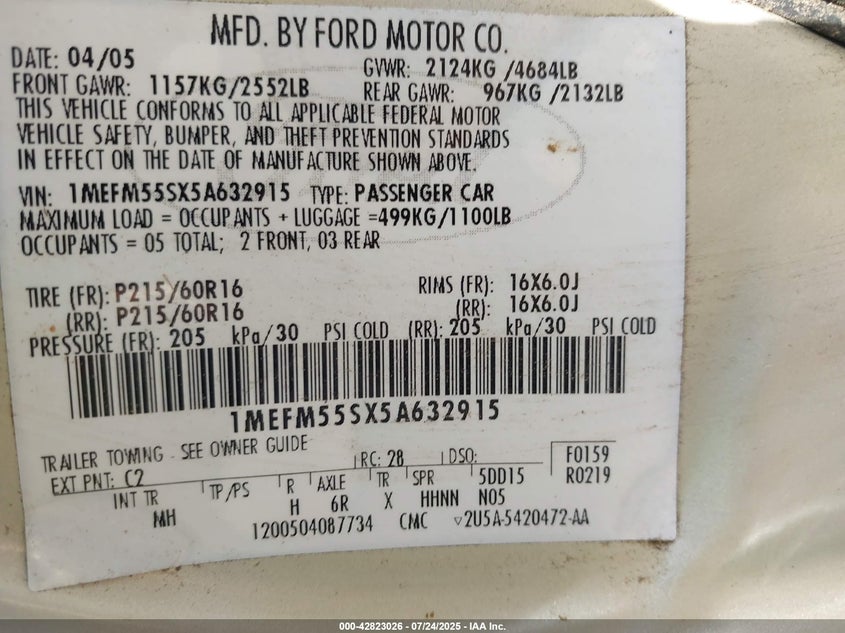 2005 Mercury Sable Ls VIN: 1MEFM55SX5A632915 Lot: 42823026