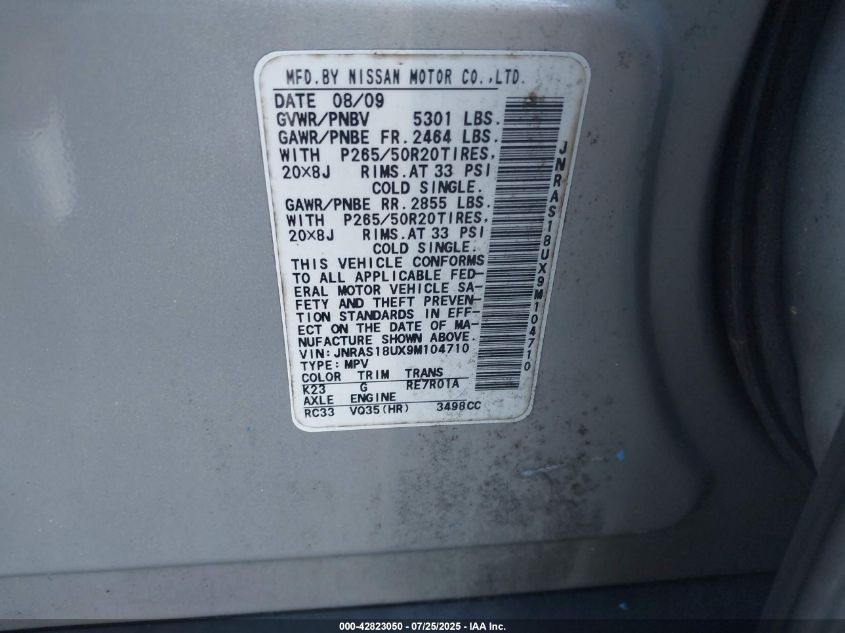 2009 Infiniti Fx35 VIN: JNRAS18UX9M104710 Lot: 42823050