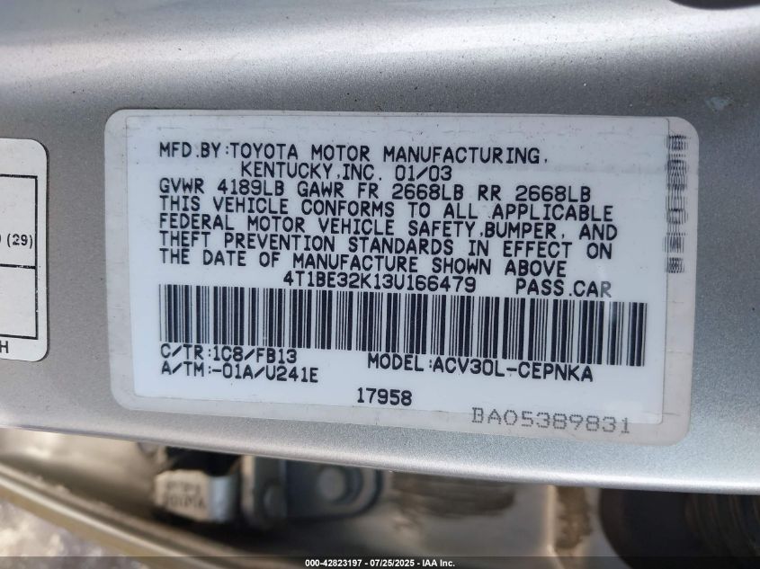 2003 Toyota Camry Le VIN: 4T1BE32K13U166479 Lot: 42823197