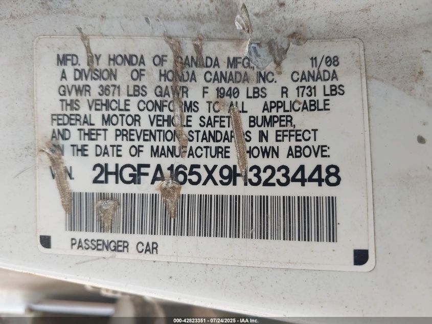 2009 Honda Civic Lx VIN: 2HGFA165X9H323448 Lot: 42823351