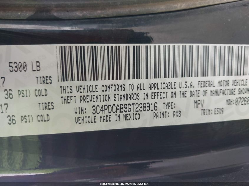 2016 Dodge Journey Se VIN: 3C4PDCAB9GT238916 Lot: 42823396