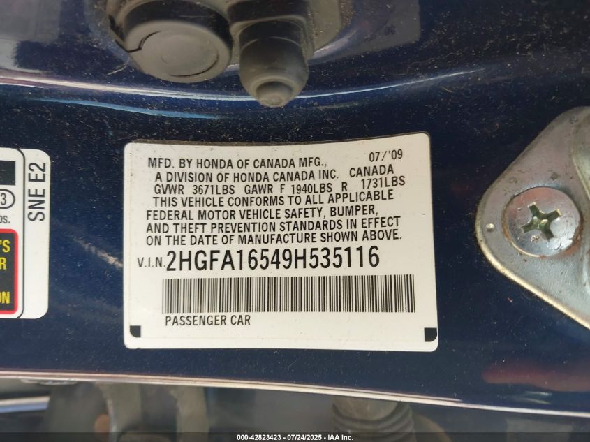 2009 Honda Civic Lx VIN: 2HGFA16549H535116 Lot: 42823423