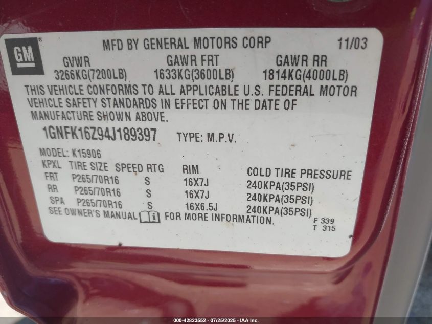 2004 Chevrolet Suburban 1500 Ls VIN: 1GNFK16Z94J189397 Lot: 42823552