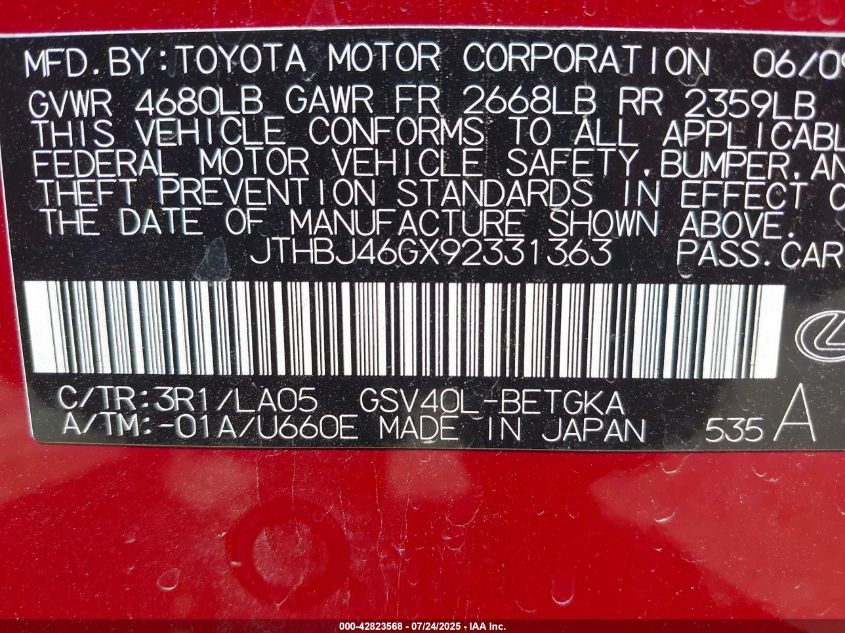 2009 Lexus Es 350 VIN: JTHBJ46GX92331363 Lot: 42823568