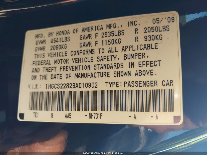 2009 Honda Accord 3.5 Ex-L VIN: 1HGCS22829A010902 Lot: 42823785