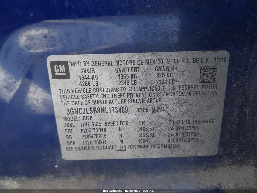 2017 CHEVROLET TRAX LT - 3GNCJLSB8HL173409