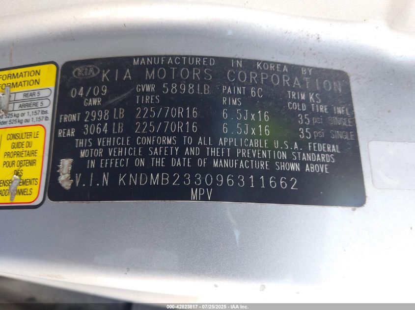 2009 Kia Sedona Lx VIN: KNDMB233096311662 Lot: 42823817