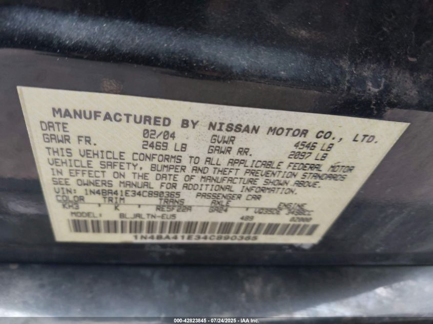 2004 Nissan Maxima 3.5 Se VIN: 1N4BA41E34C890365 Lot: 42823845