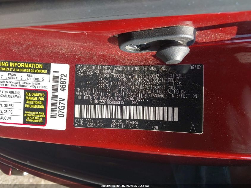 2008 Toyota Sienna Limited VIN: 5TDBK22C18S008915 Lot: 42823932