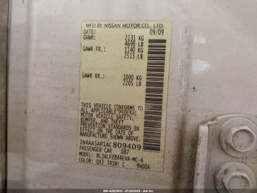 2010 Nissan Maxima 3.5 Sv VIN: 1N4AA5AP1AC809409 Lot: 42823933