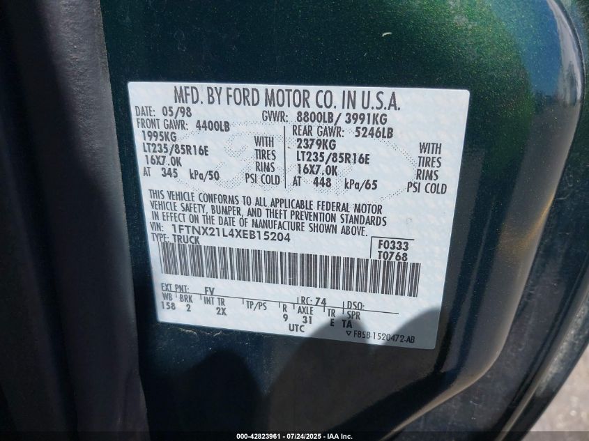 1999 Ford F-250 Lariat/Xl/Xlt VIN: 1FTNX21L4XEB15204 Lot: 42823961