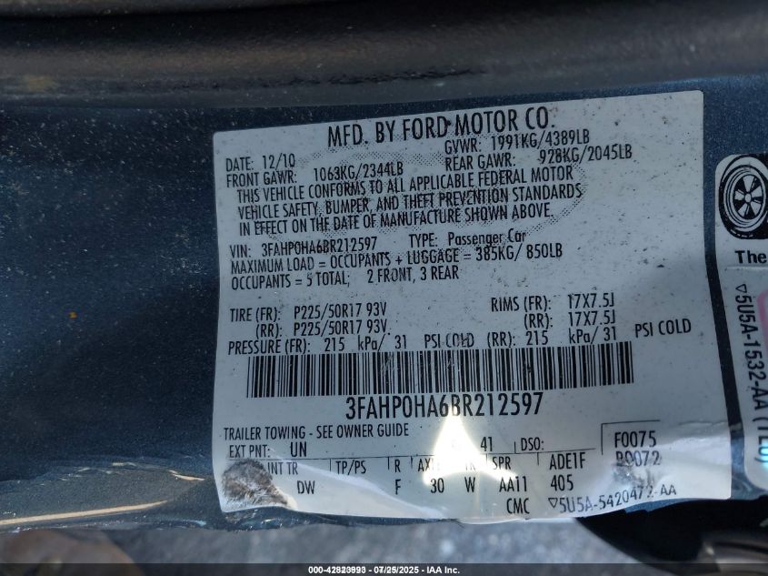 2011 Ford Fusion Se VIN: 3FAHP0HA6BR212597 Lot: 42823993