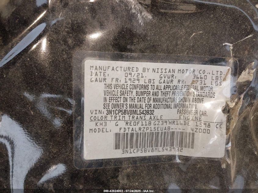 2021 Nissan Kicks S Xtronic Cvt VIN: 3N1CP5BV8ML543932 Lot: 42824003