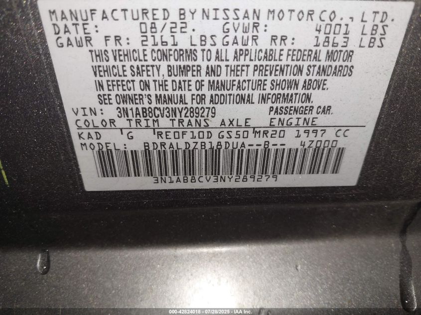 2022 Nissan Sentra Sv Xtronic Cvt VIN: 3N1AB8CV3NY289279 Lot: 42824018