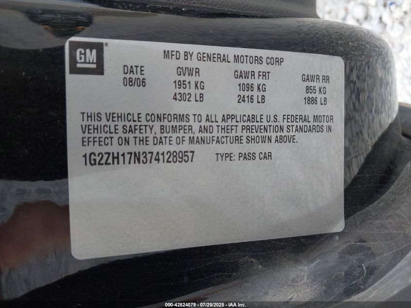 2007 Pontiac G6 Gt VIN: 1G2ZH17N374128957 Lot: 42824079