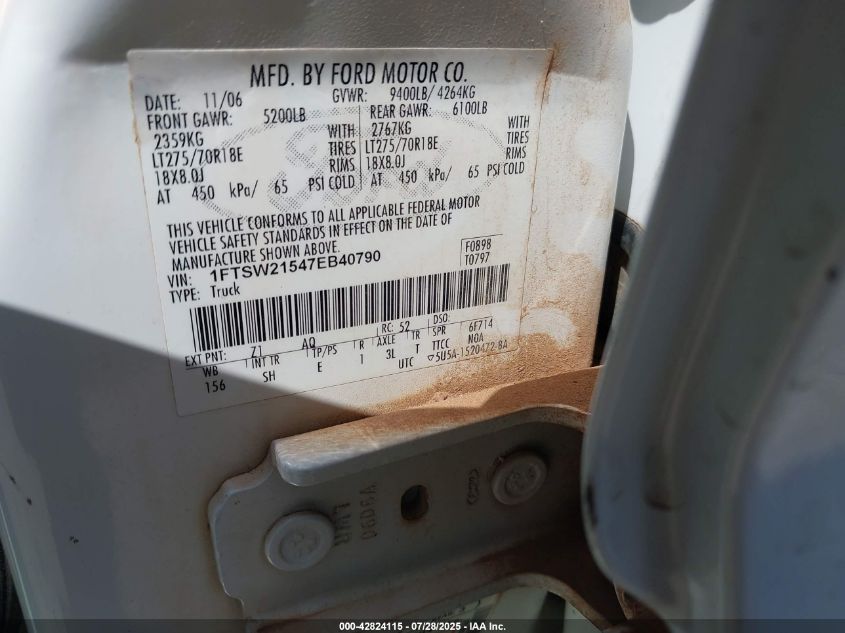 2007 Ford F-250 Lariat/Xl/Xlt VIN: 1FTSW21547EB40790 Lot: 42824115