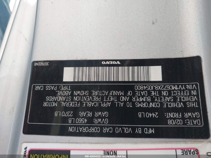 2008 Volvo C70 T5 VIN: YV1MC672X8J054800 Lot: 42824222