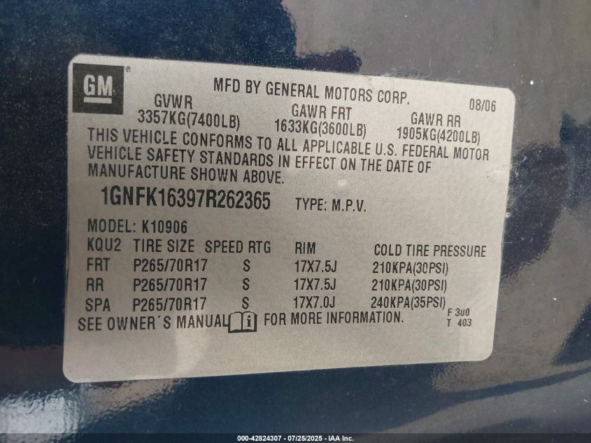 2007 Chevrolet Suburban 1500 Lt VIN: 1GNFK16397R262365 Lot: 42824307