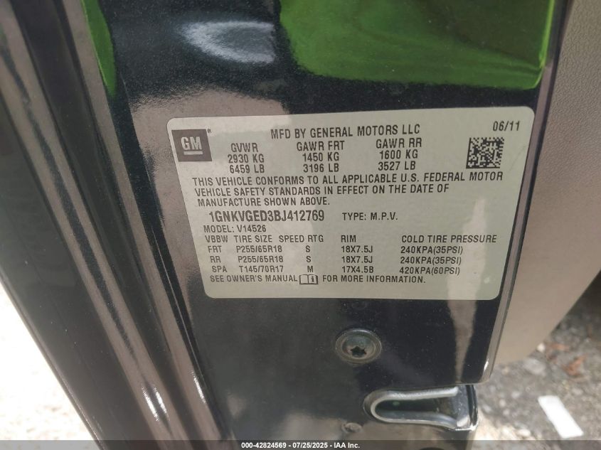 2011 Chevrolet Traverse 1Lt VIN: 1GNKVGED3BJ412769 Lot: 42824569