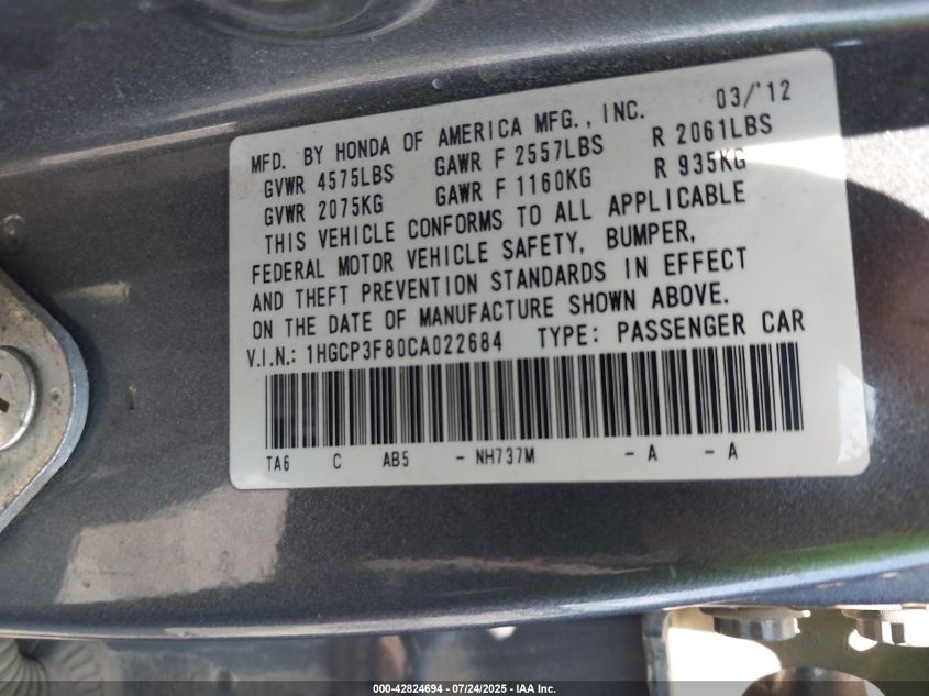 2012 Honda Accord 3.5 Ex-L VIN: 1HGCP3F80CA022684 Lot: 42824694