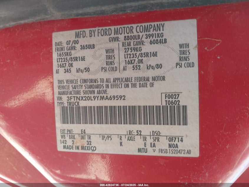 2000 Ford F-250 VIN: 3FTNX20L9YMA69592 Lot: 42824736