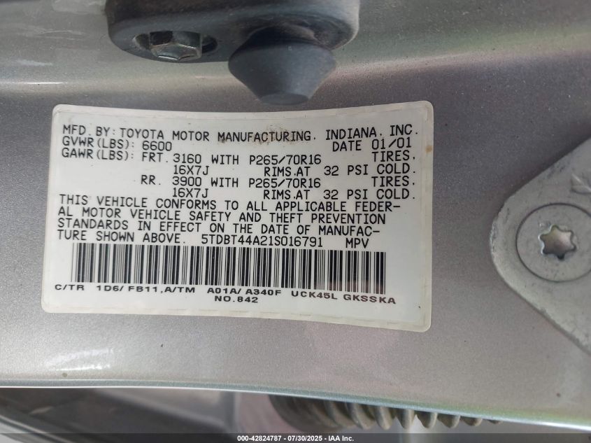 2001 Toyota Sequoia Sr5 V8 VIN: 5TDBT44A21S016791 Lot: 42824787