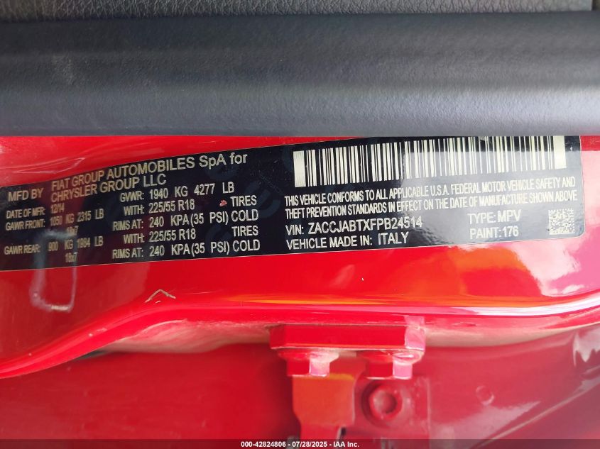 2015 Jeep Renegade Latitude VIN: ZACCJABTXFPB24514 Lot: 42824806