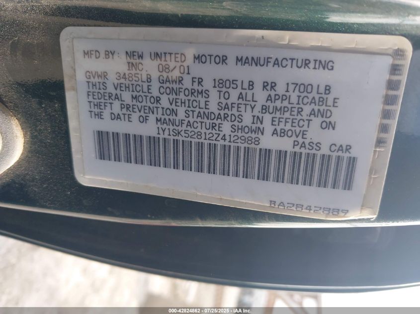 2002 Chevrolet Prizm Lsi VIN: 1Y1SK52812V412988 Lot: 42824862