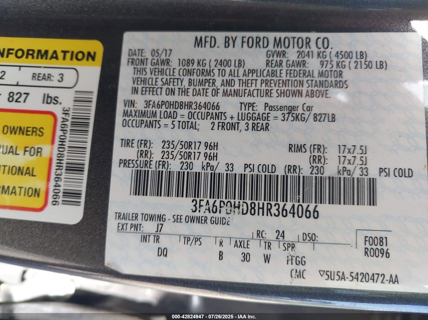 2017 Ford Fusion 1.5 SE Gray Lot 111042824947 Vin 3FA6P0HD8HR364066