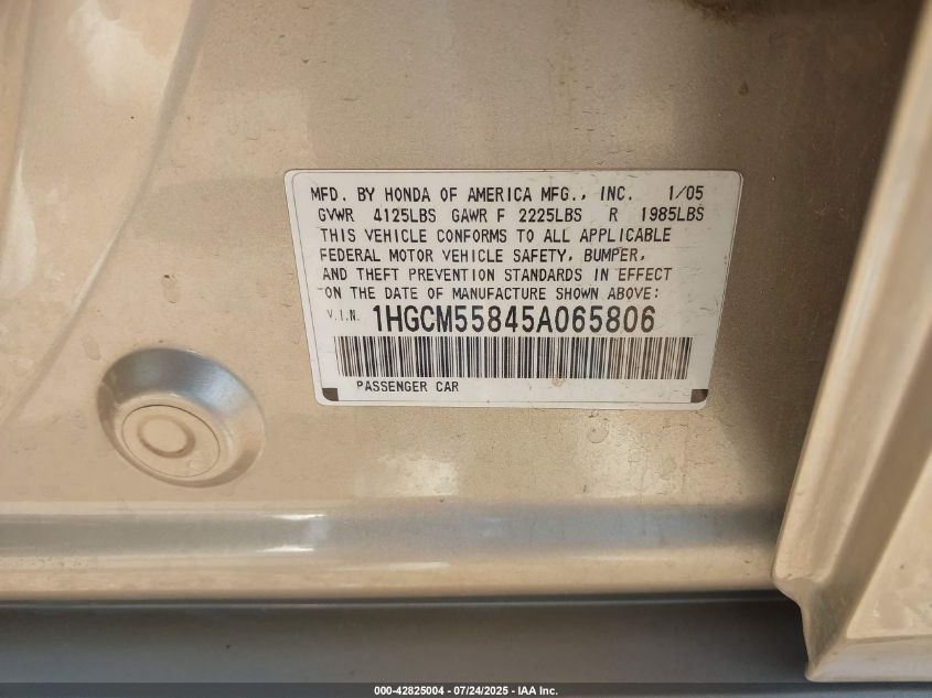 2005 Honda Accord 2.4 Ex VIN: 1HGCM55845A065806 Lot: 42825004