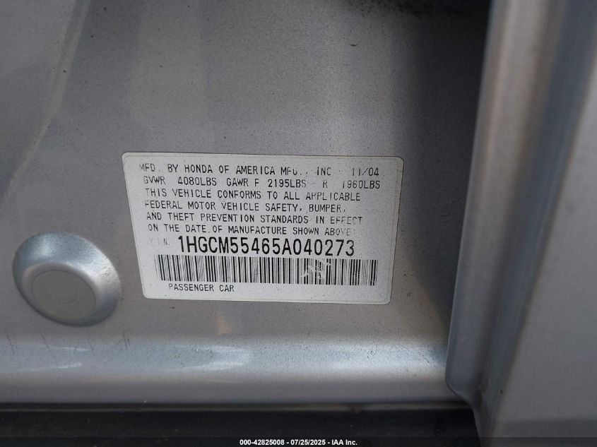 2005 Honda Accord 2.4 Lx VIN: 1HGCM55465A040273 Lot: 42825008