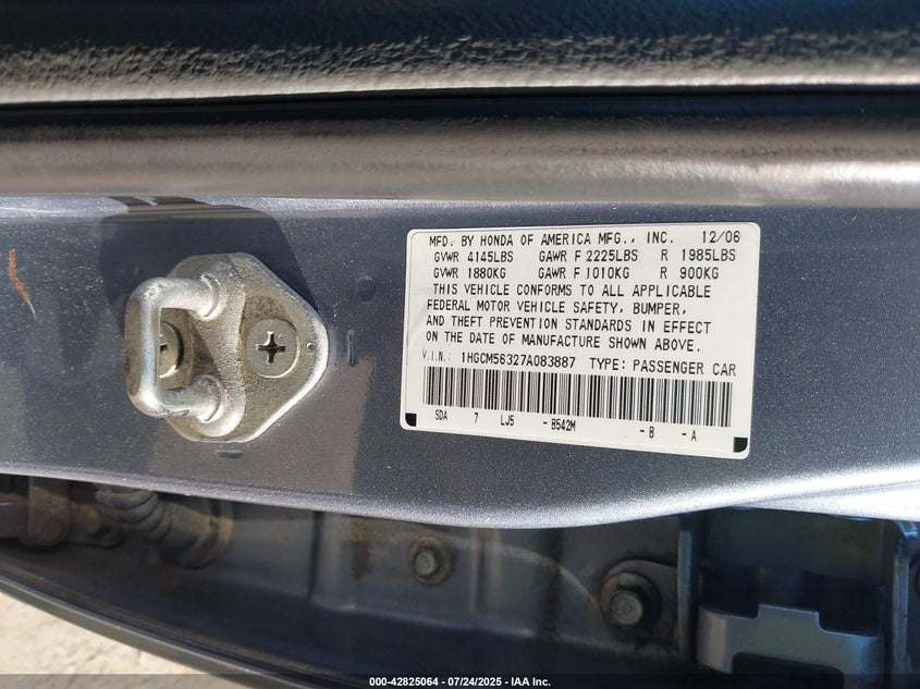 2007 Honda Accord 2.4 Se VIN: 1HGCM56327A083887 Lot: 42825064