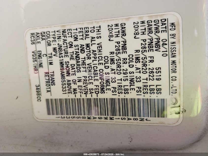 2010 Infiniti Fx35 VIN: JN8AS1MW9AM855331 Lot: 42825073