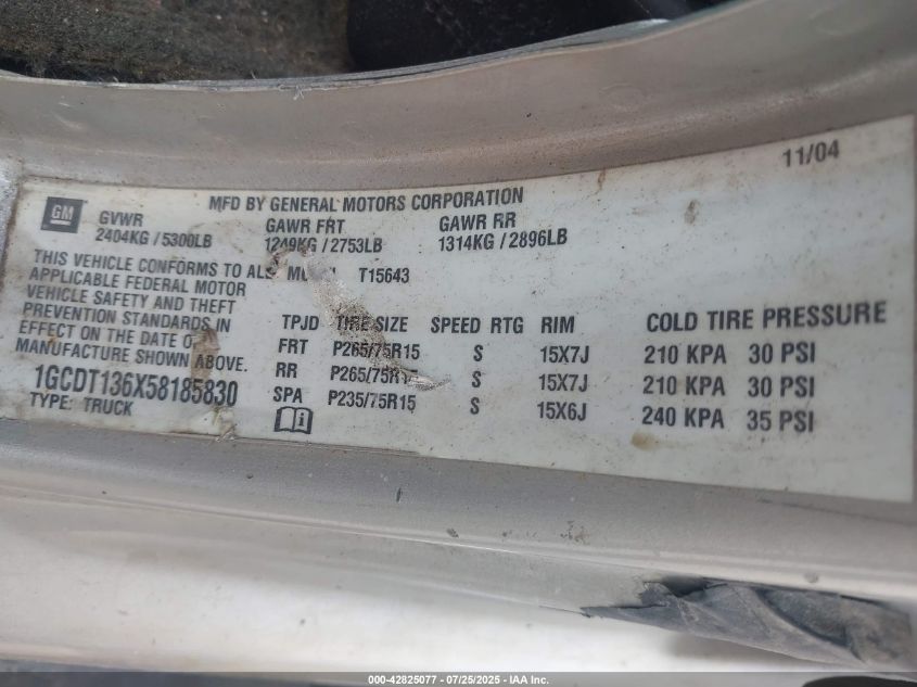 2005 Chevrolet Colorado Ls VIN: 1GCDT136X58185830 Lot: 42825077