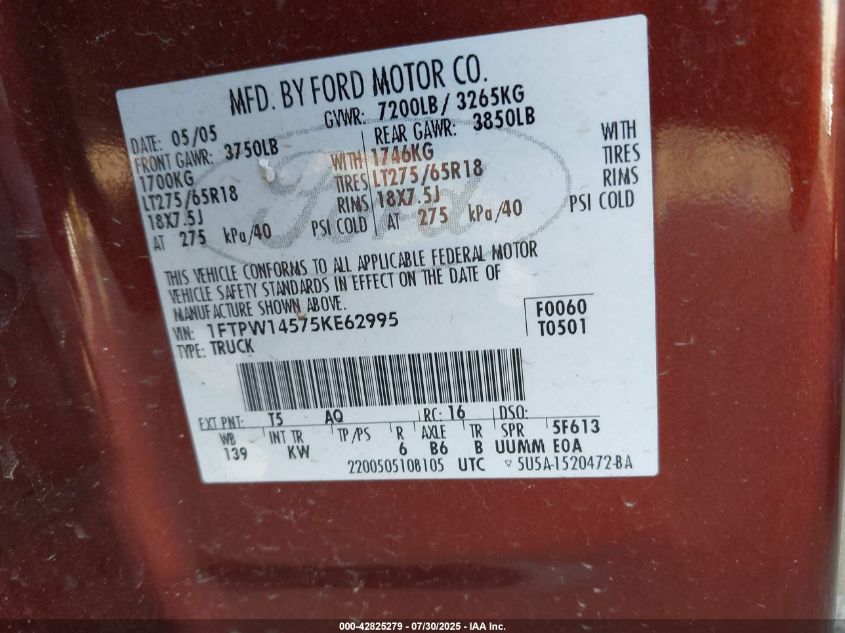 2005 Ford F-150 VIN: 1FTPW14535XE62995 Lot: 42825279