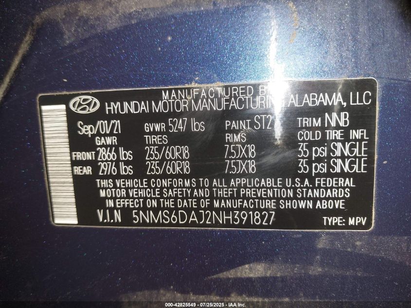 2022 Hyundai Santa Fe Sel VIN: 5NMS6DAJ2NH391827 Lot: 42825549