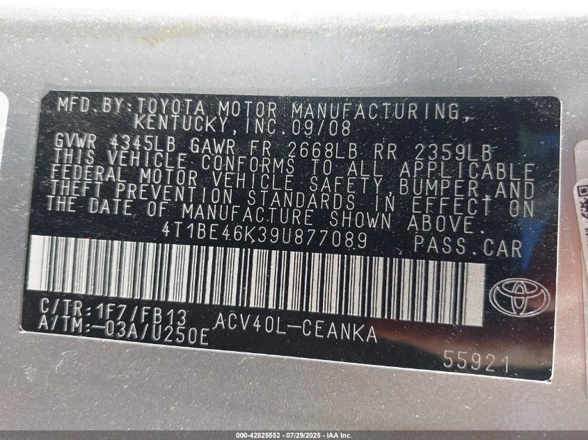 2009 Toyota Camry Le VIN: 4T1BE46K39U877089 Lot: 42825552