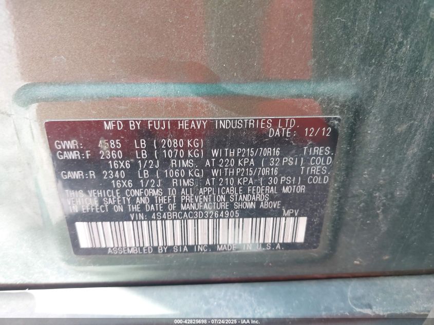 2013 Subaru Outback 2.5I VIN: 4S4BRCAC3D3264905 Lot: 42825698