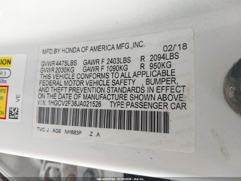 2018 Honda Accord Sport 2.0T VIN: 1HGCV2F38JA021526 Lot: 42825764