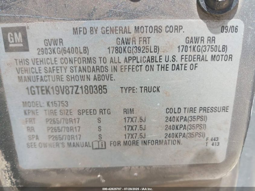 2007 GMC Sierra 1500 Classic Work Truck VIN: 1GTEK19V87Z180385 Lot: 42825787