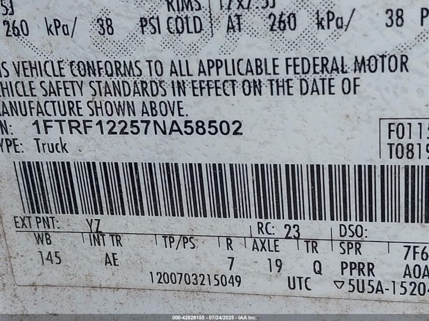 2007 Ford F-150 Stx/Xl/Xlt VIN: 1FTRF12257NA58502 Lot: 42826155