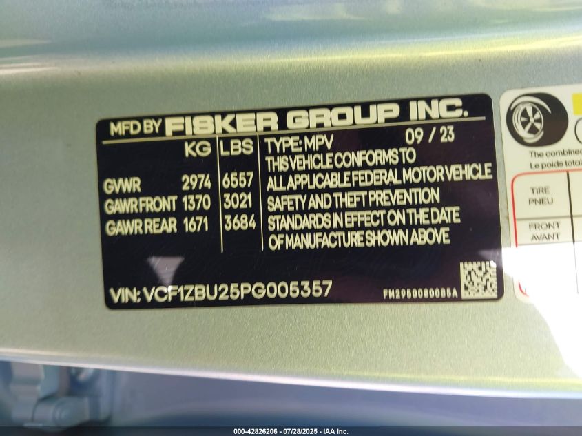 2023 Fisker Ocean One VIN: VCF1ZBU25PG005357 Lot: 42826206